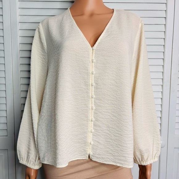 MADEWELL Cream Button Down Textured V-Neck Blouse Size XL - Picture 2 of 9